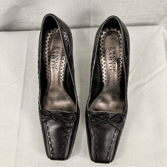 Franco Sarto black leather square toe kitten heel bow tie shoe lace work office - Picture 4 of 7